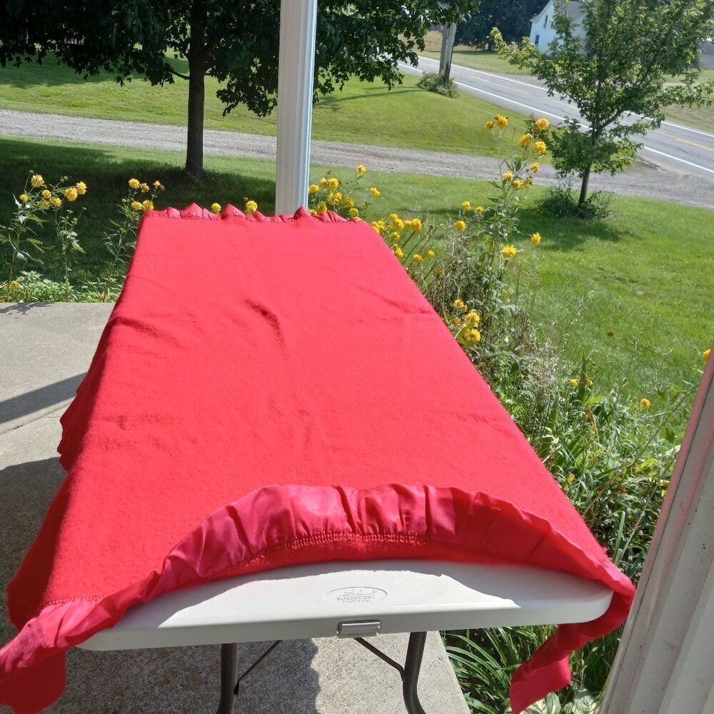 Vintage Pearce Red Double Silky Binding Edge Wool Blanket Cottagecore Country